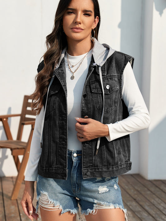 Pocketed Button Up Hooded Denim Jacket-Angel Casuals