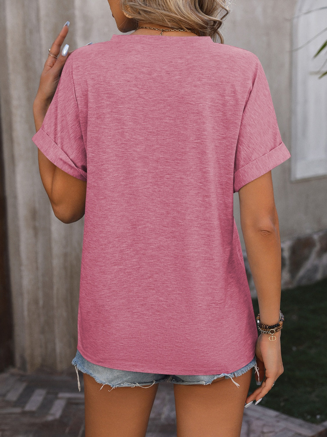 Notched Buttoned Short Sleeve T-Shirt-Angel Casuals