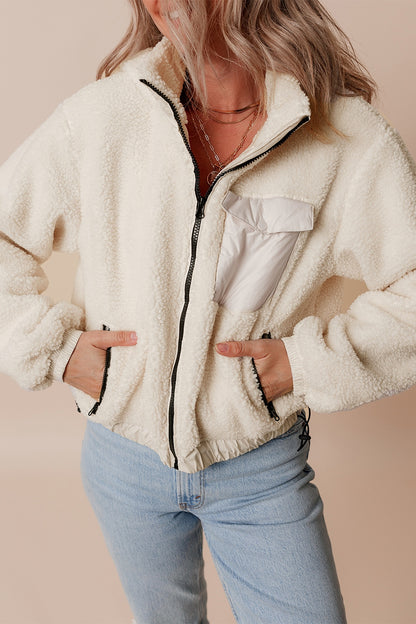 Drawstring Zip Up Sherpa Jacket with Removable Hood-Angel Casuals