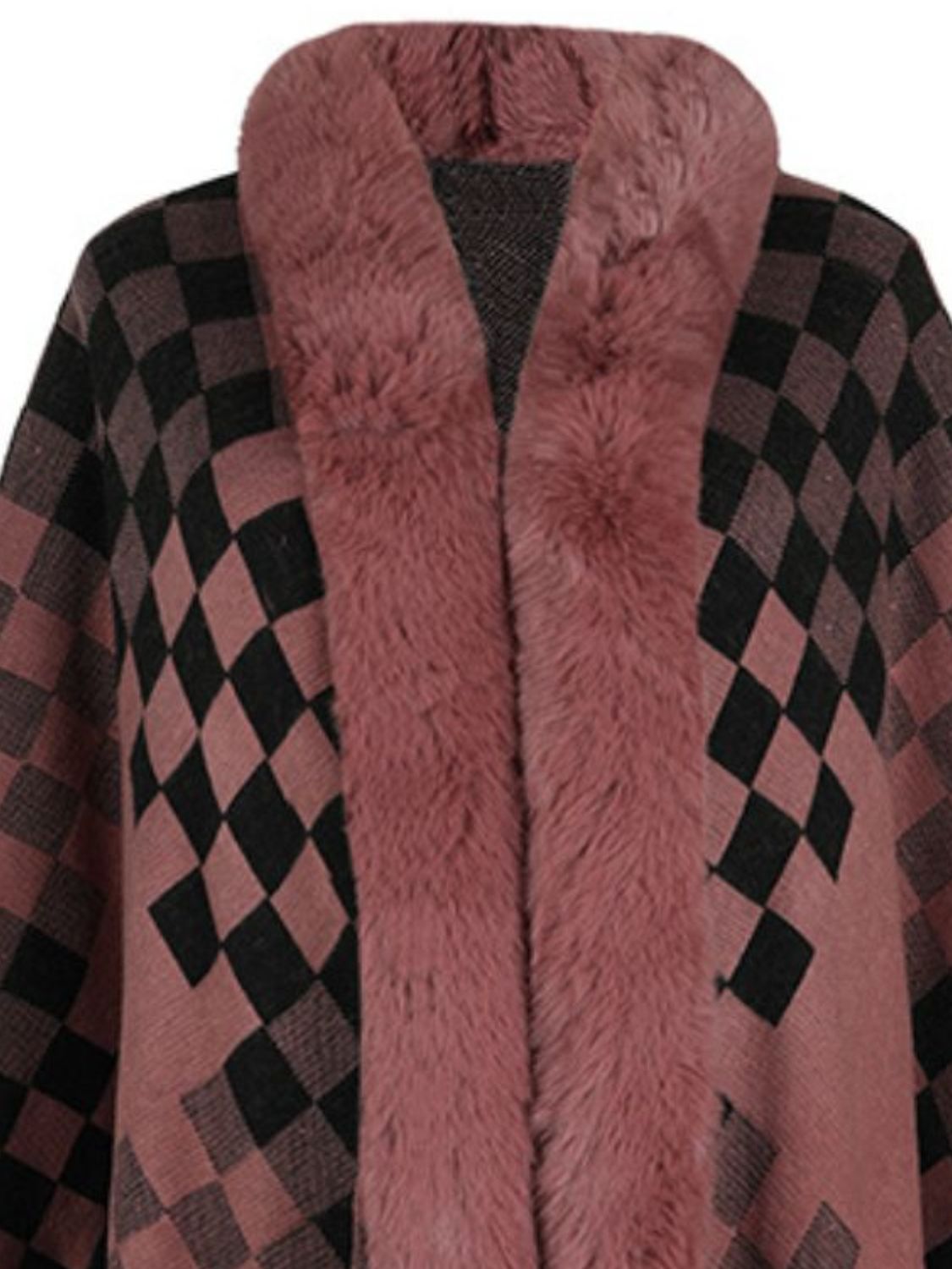 Fuzzy Checkered Long Sleeve Poncho-Angel Casuals