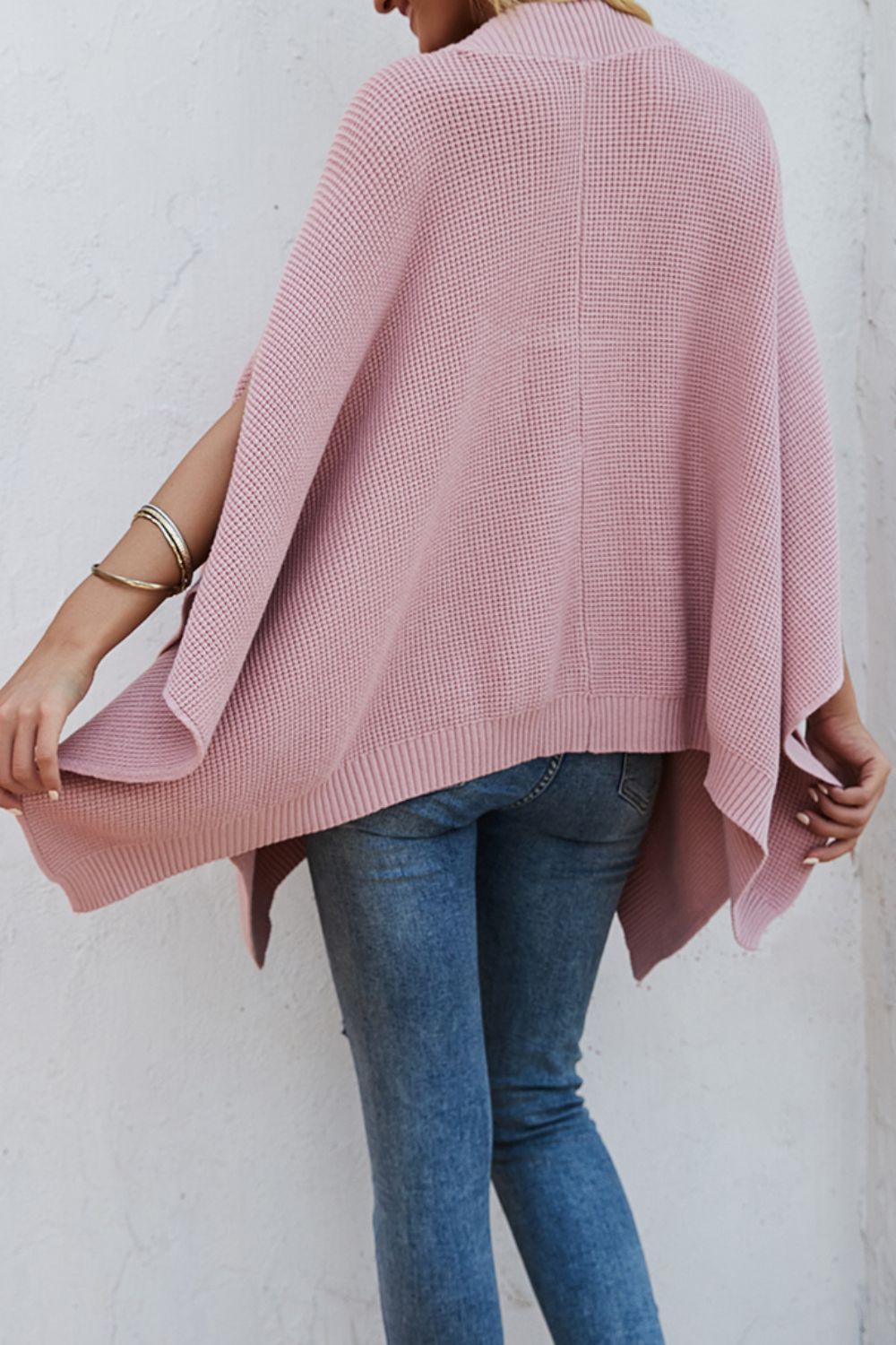 Waffle-Knit Pocketed Cape Sleeve Sweater-Angel Casuals