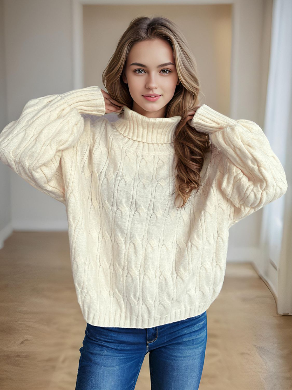 Cable-Knit Turtleneck Long Sleeve Sweater-Angel Casuals