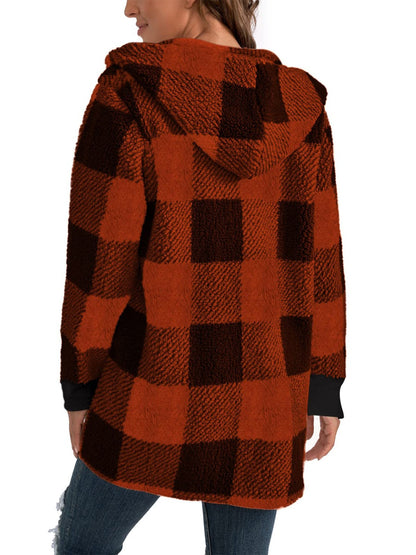 Plaid Long Sleeve Hooded Coat-Angel Casuals