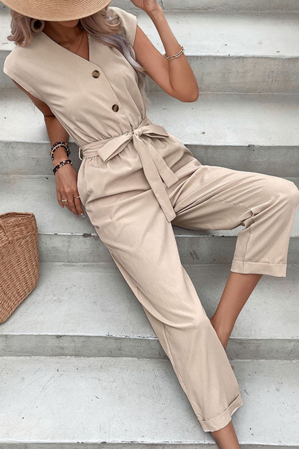 Capped Sleeve Belted V-Neck Jumpsuit-Angel Casuals