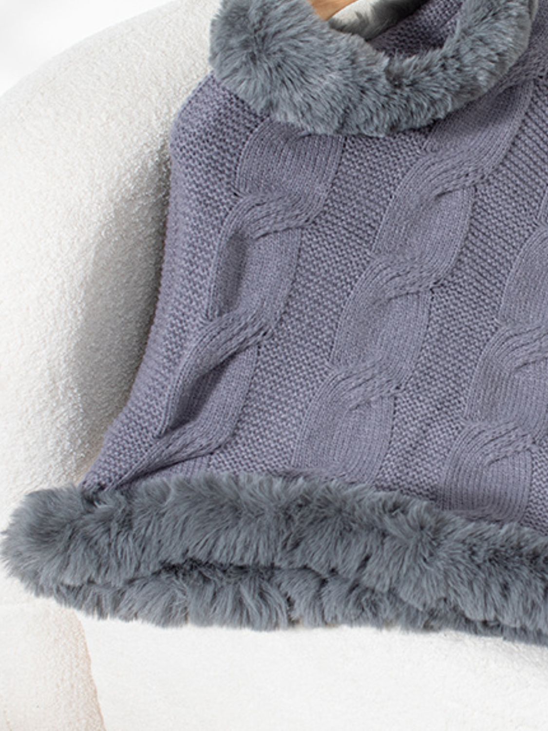 Fuzzy Hem Cable-Knit Poncho-Angel Casuals
