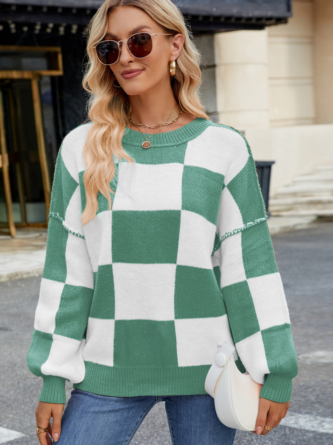 Checkered Round Neck Long Sleeve Sweater-Angel Casuals