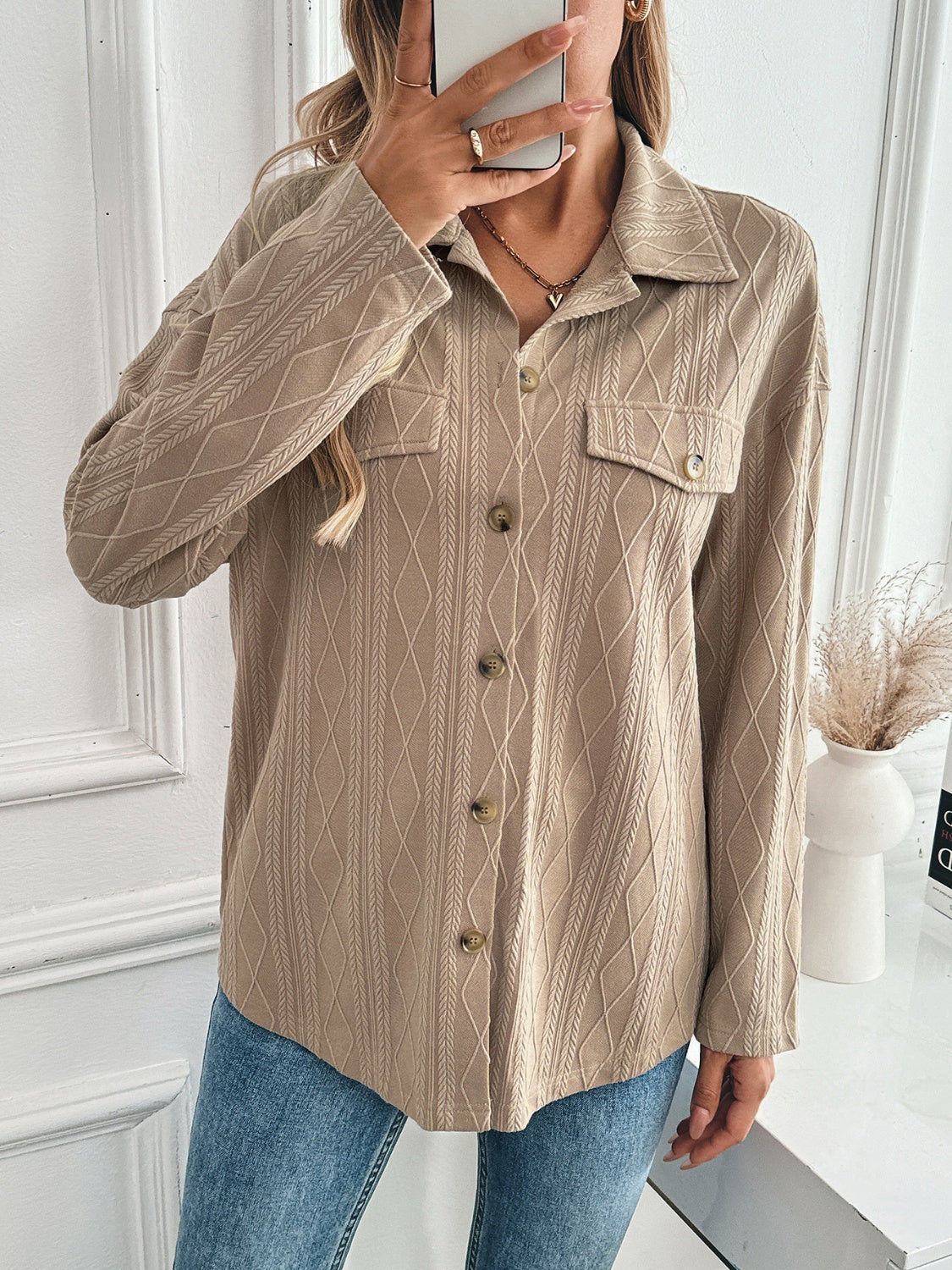 Textured Collared Neck Button Down Shacket-Angel Casuals