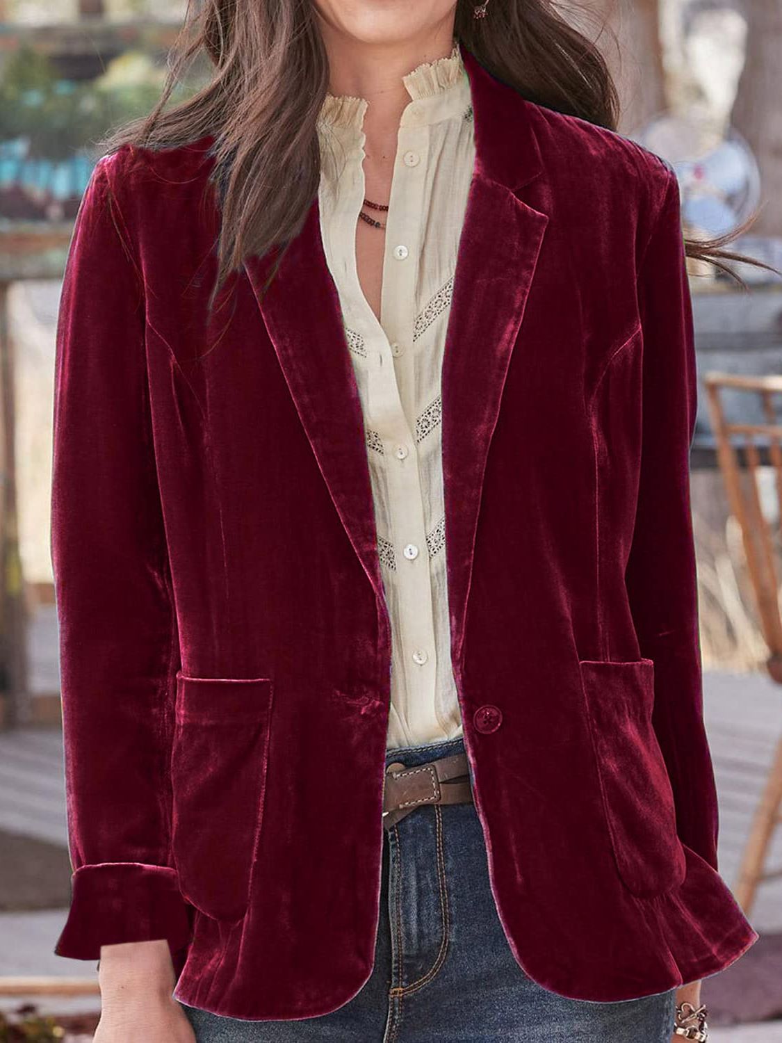 Pocketed Button Up Lapel Collar Blazer-Angel Casuals