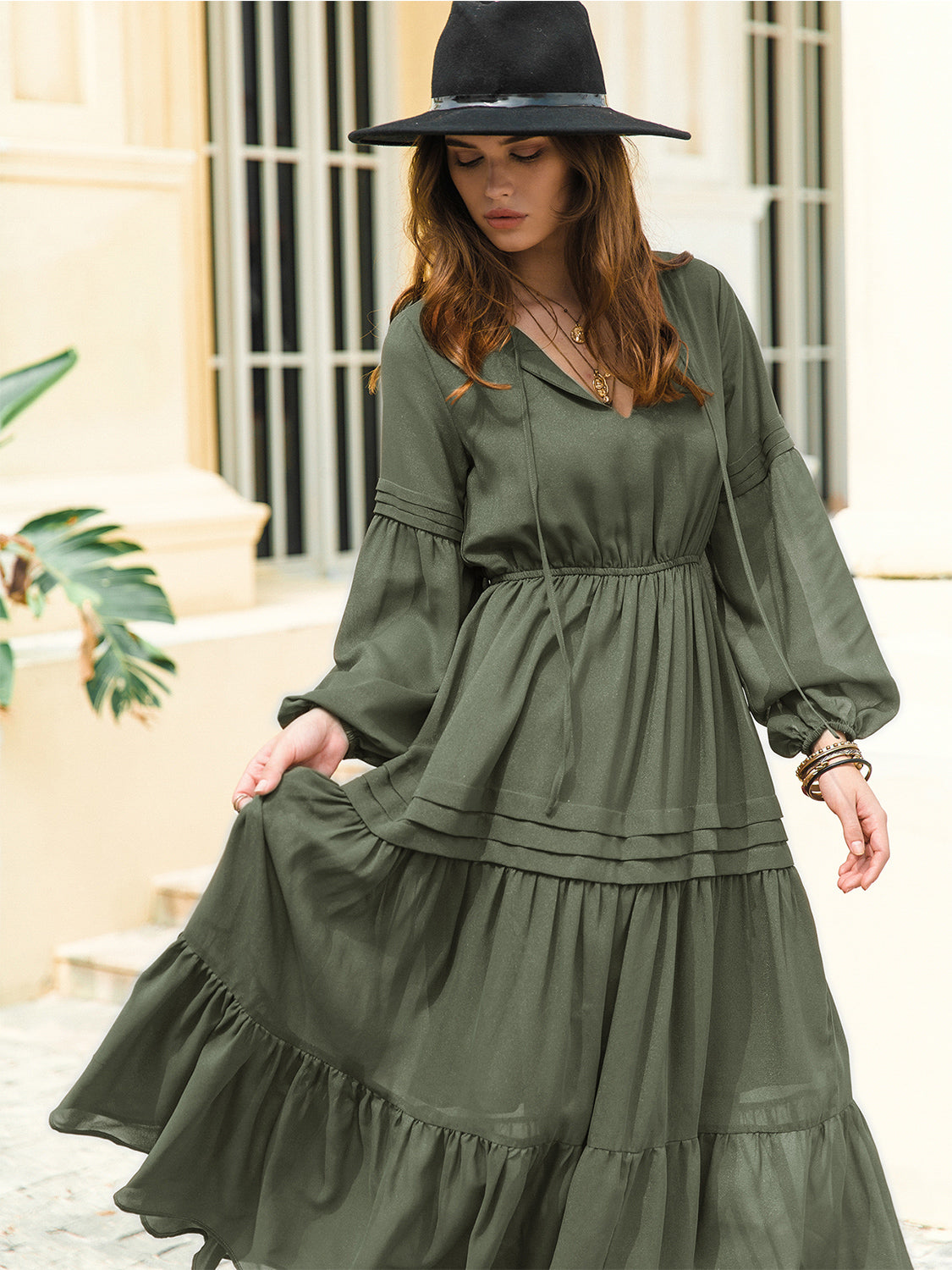 Tie Neck Long Sleeve Midi Tiered Dress-Angel Casuals