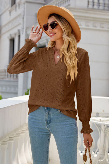 Eyelet Notched Lantern Sleeve T-Shirt-Angel Casuals