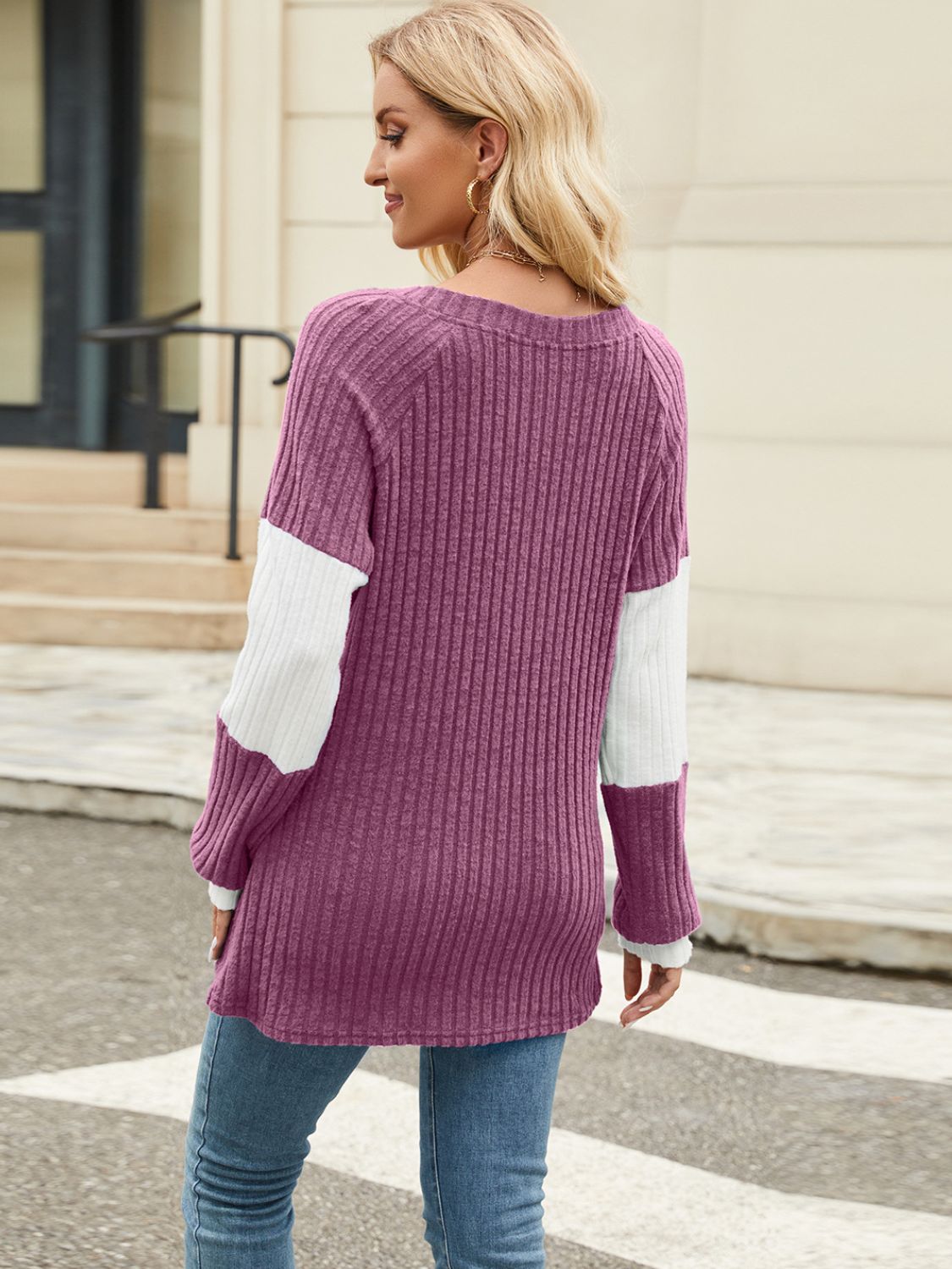 Contrast V-Neck Long Sleeve T-Shirt-Angel Casuals