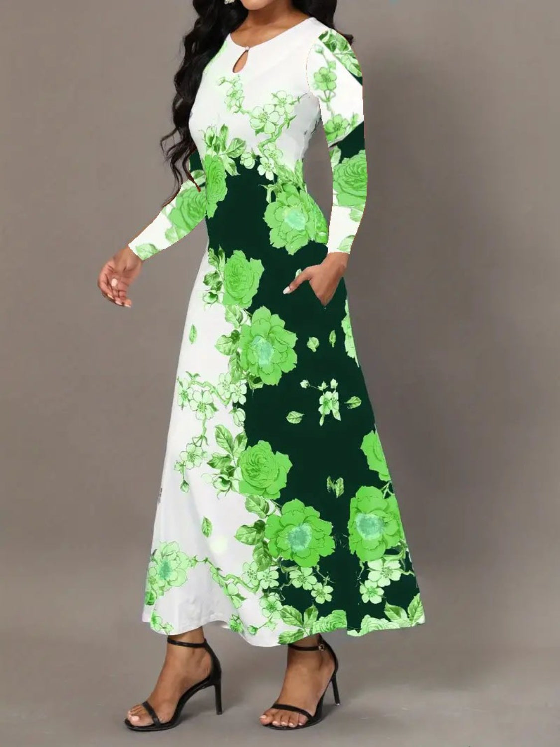 Pocketed Printed Long Sleeve Dress-Angel Casuals