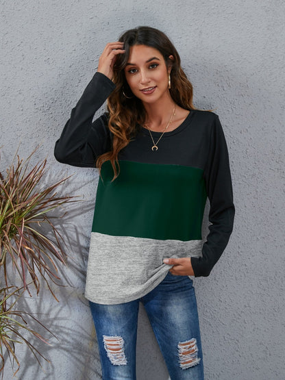 Color Block Round Neck Long Sleeve T-Shirt-Angel Casuals