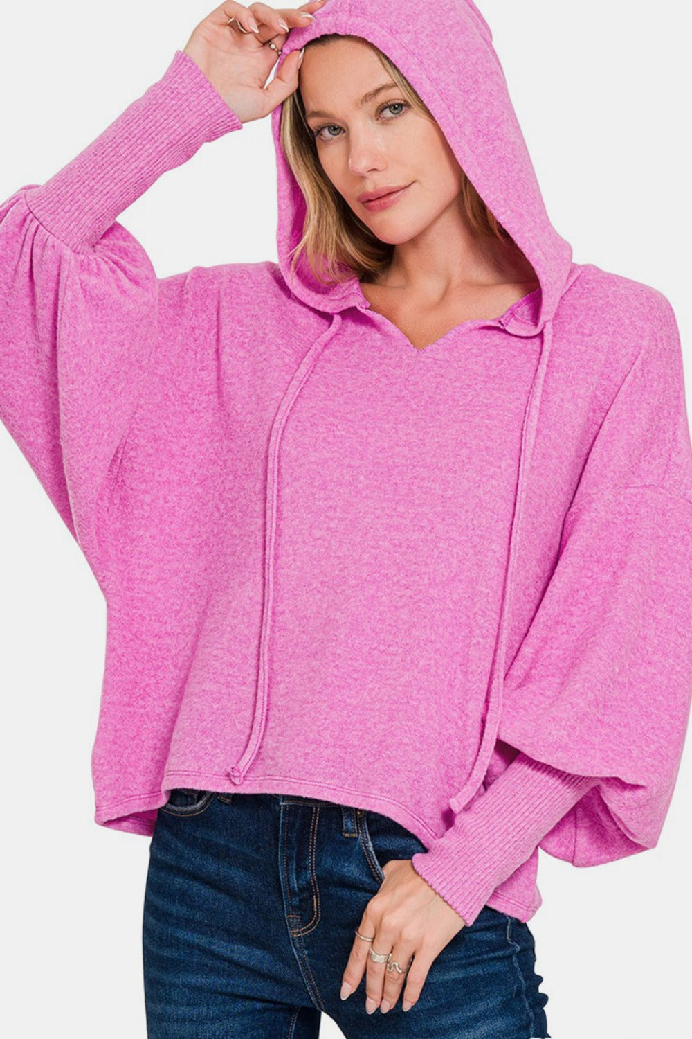 Zenana Brushed Hacci Drop Shoulder Cropped Hoodie-Angel Casuals