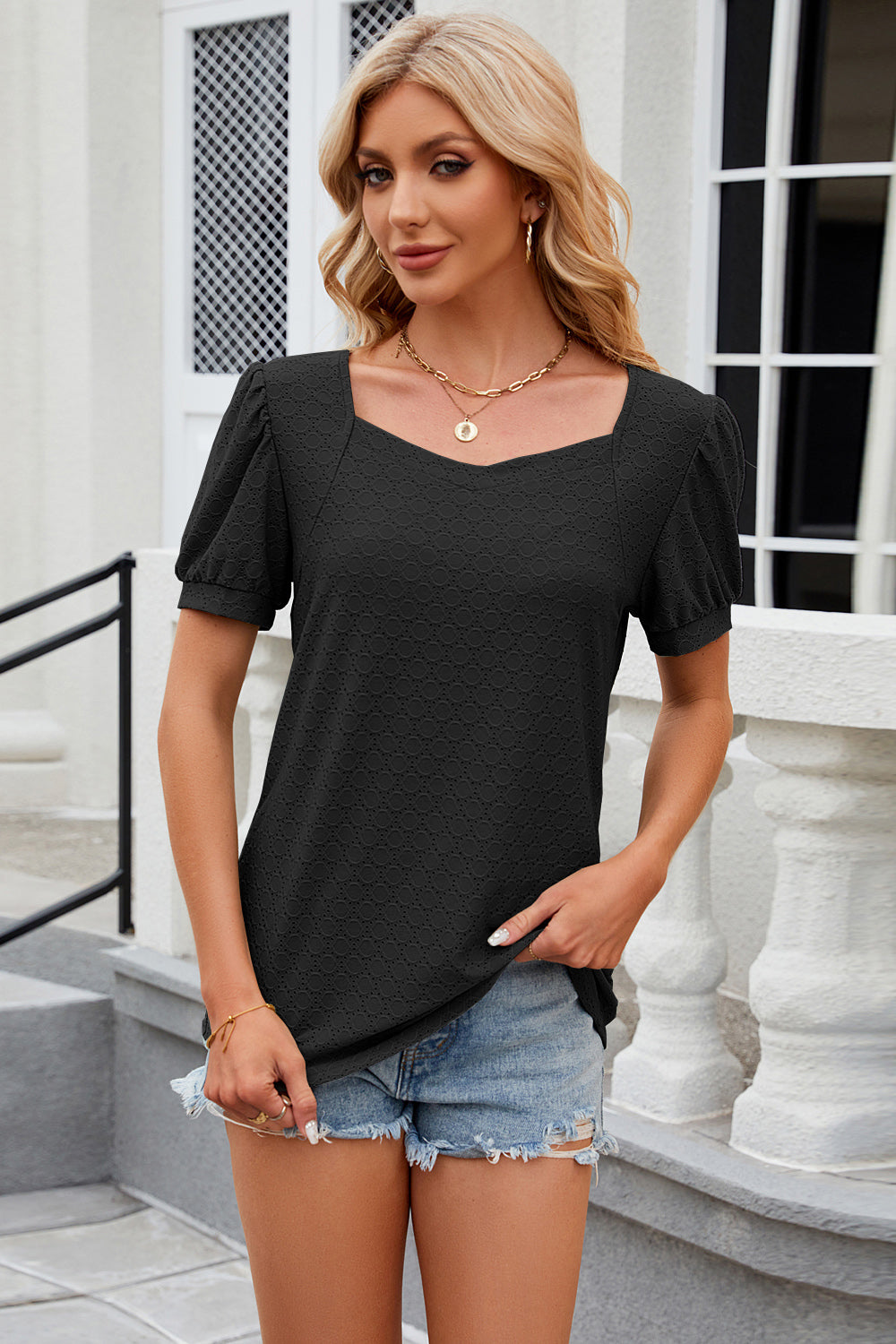 Eyelet Short Sleeve T-Shirt-Angel Casuals