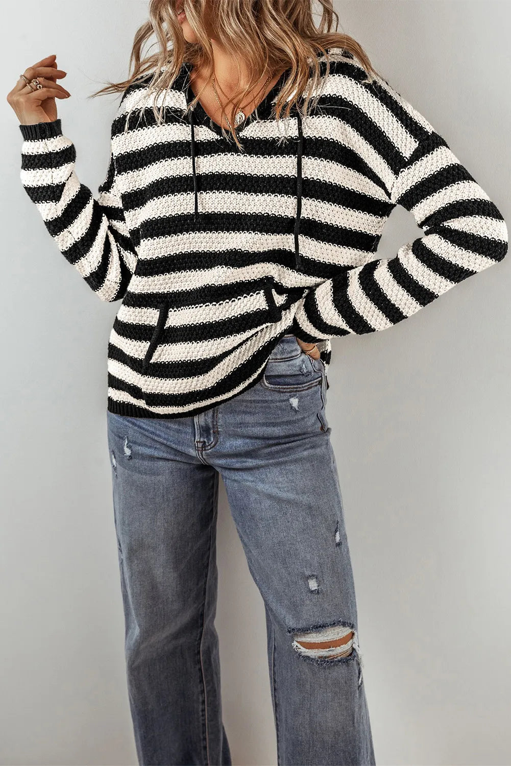 Drawstring Striped Long Sleeve Hooded Sweater-Angel Casuals