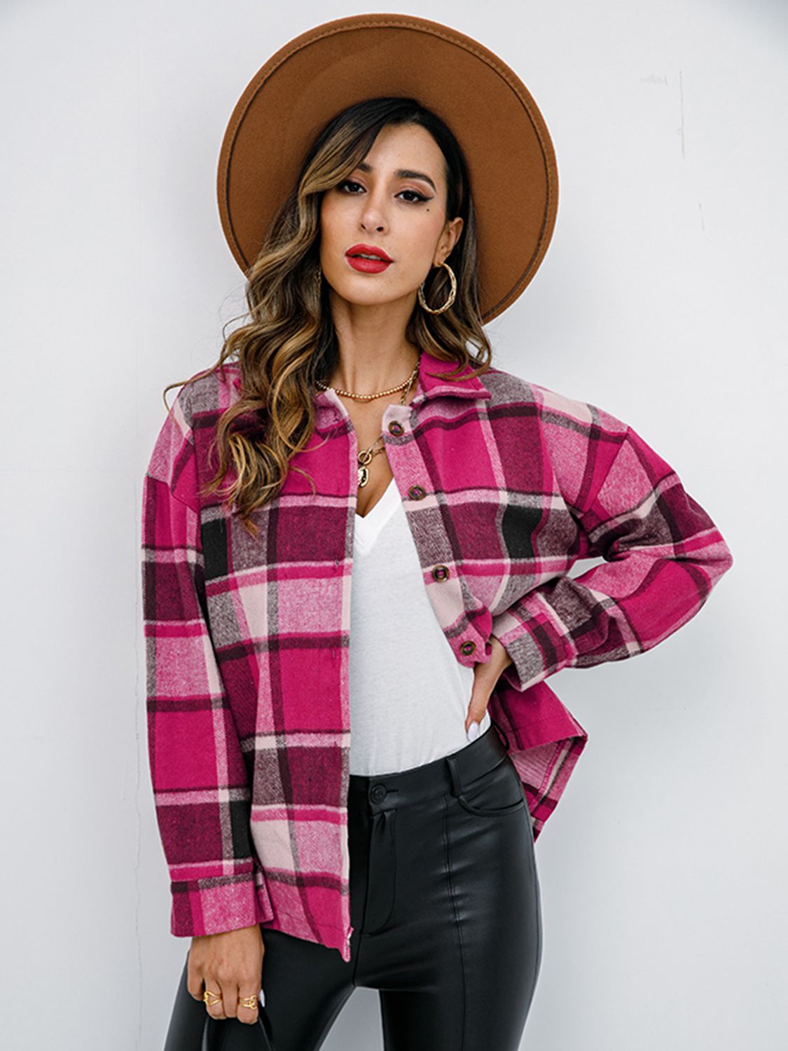 Plaid Button Up Collared Neck Jacket-Angel Casuals