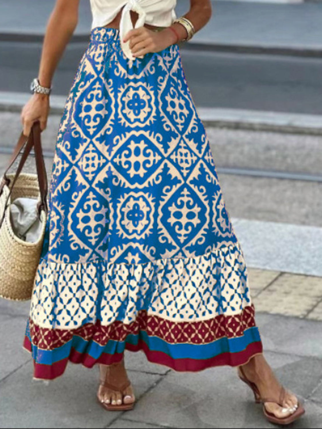 Geometric Elastic Waist Maxi Skirt-Angel Casuals