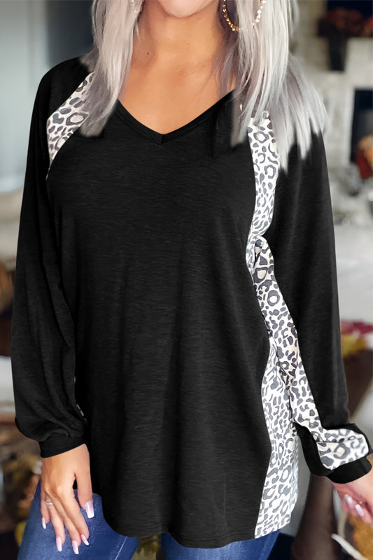 Full Size Leopard V-Neck Long Sleeve T-Shirt-Angel Casuals