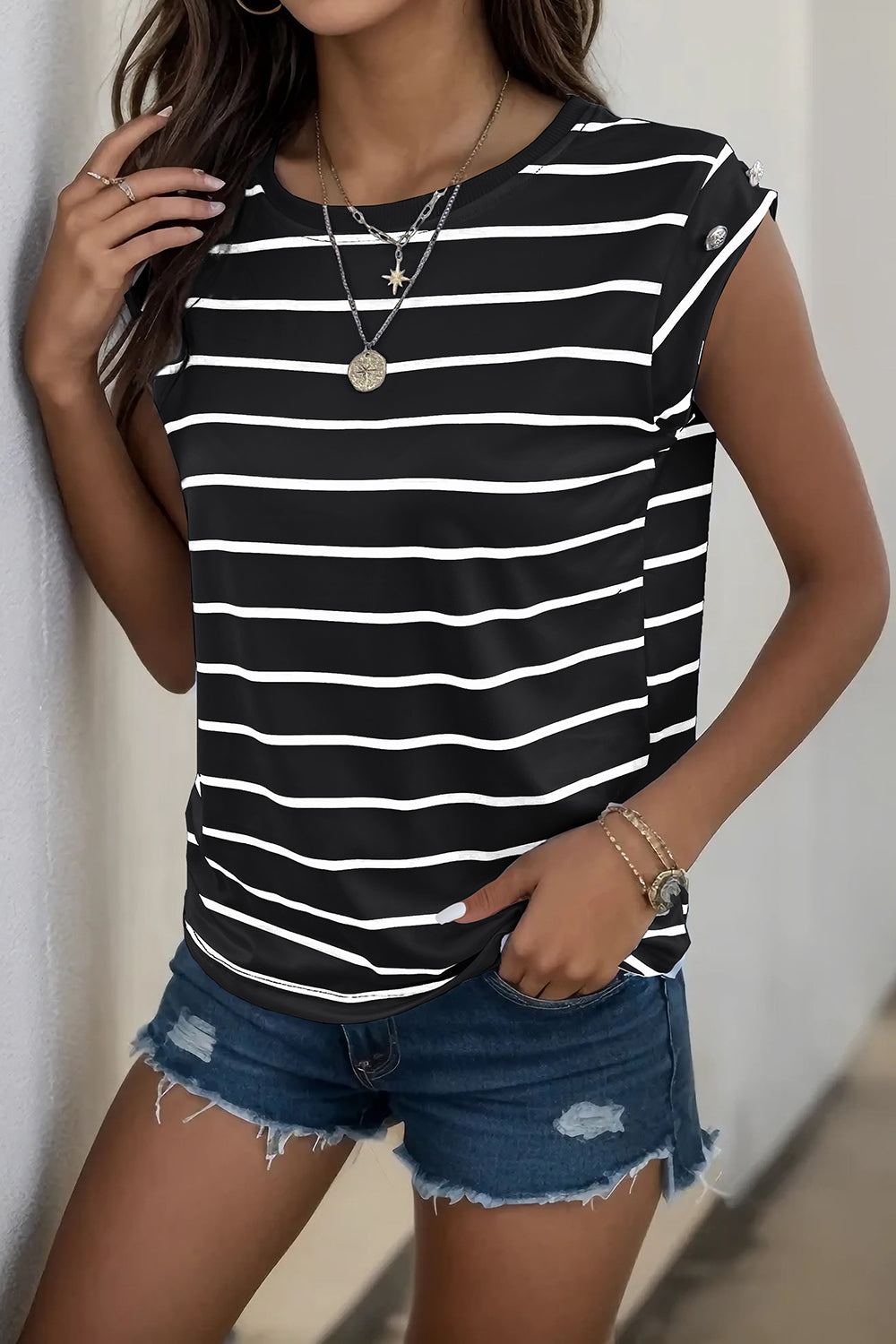 Decorative Button Round Neck T-Shirt-Angel Casuals
