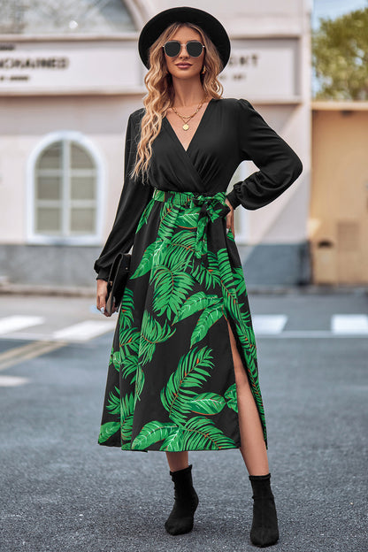 Printed Tie Waist Long Sleeve Dress-Angel Casuals