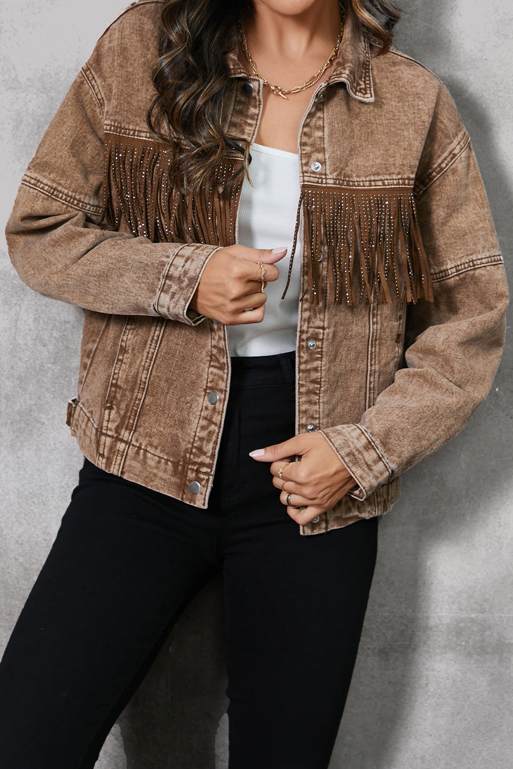 Fringe Trim Snap Down Denim Jacket-Angel Casuals