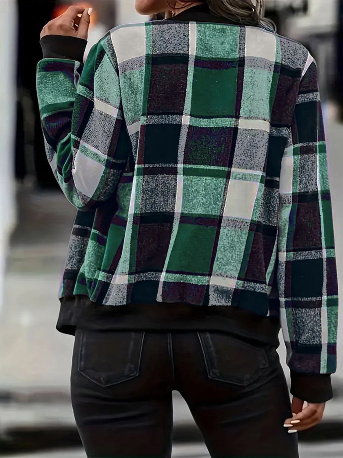 Plus Size Plaid Baseball Collar Zip Up Jacket-Angel Casuals