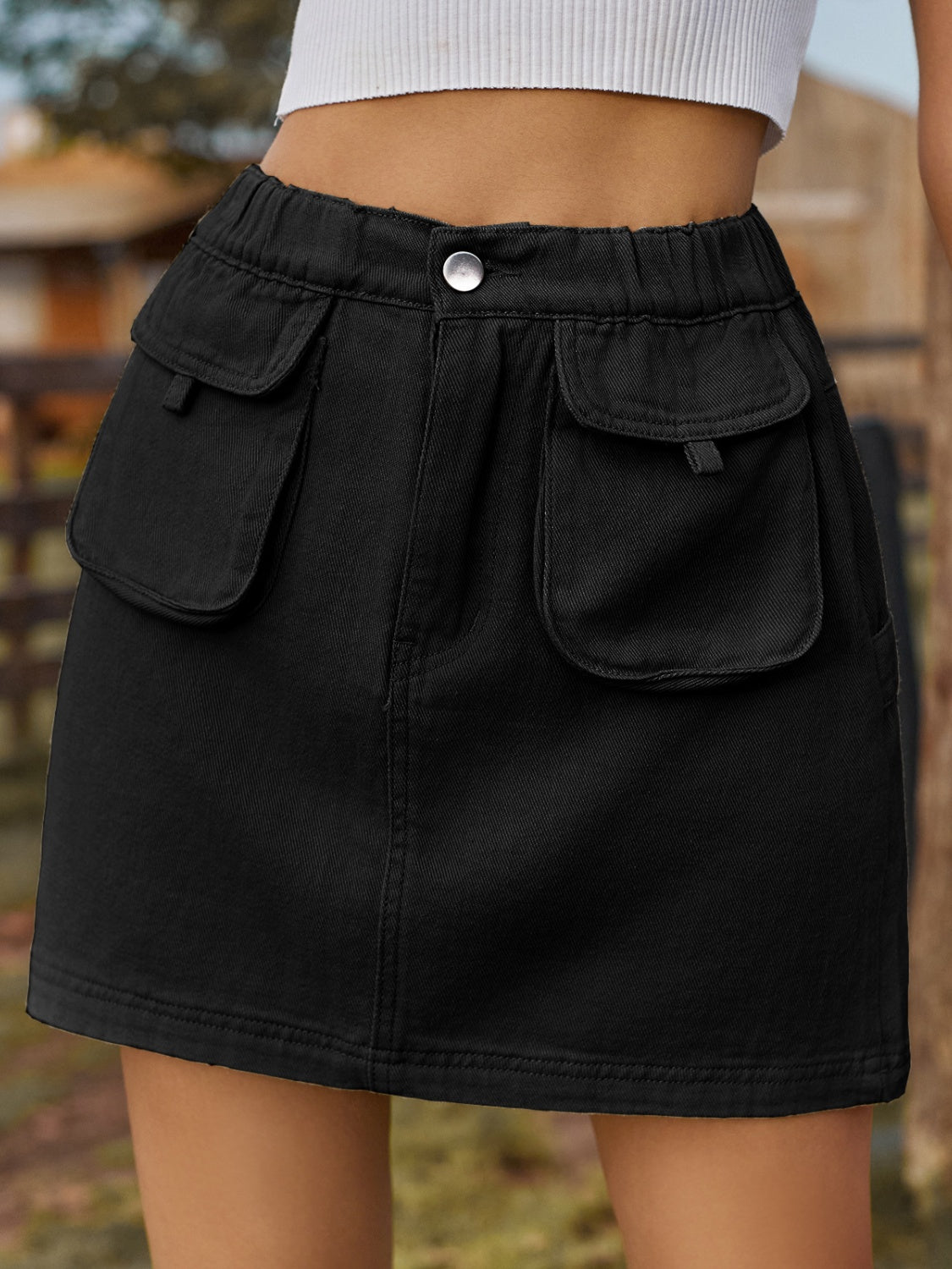 Pocketed Elastic Waist Denim Skirt-Angel Casuals