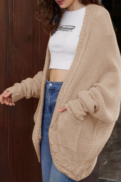 Cable-Knit Open Front Cardigan with Pockets-Angel Casuals