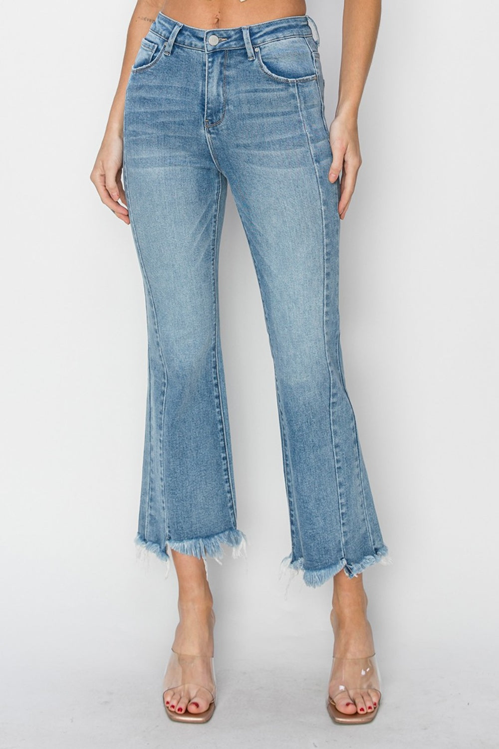 RISEN Full Size High Rise Frayed Hem Flare Jeans-Angel Casuals