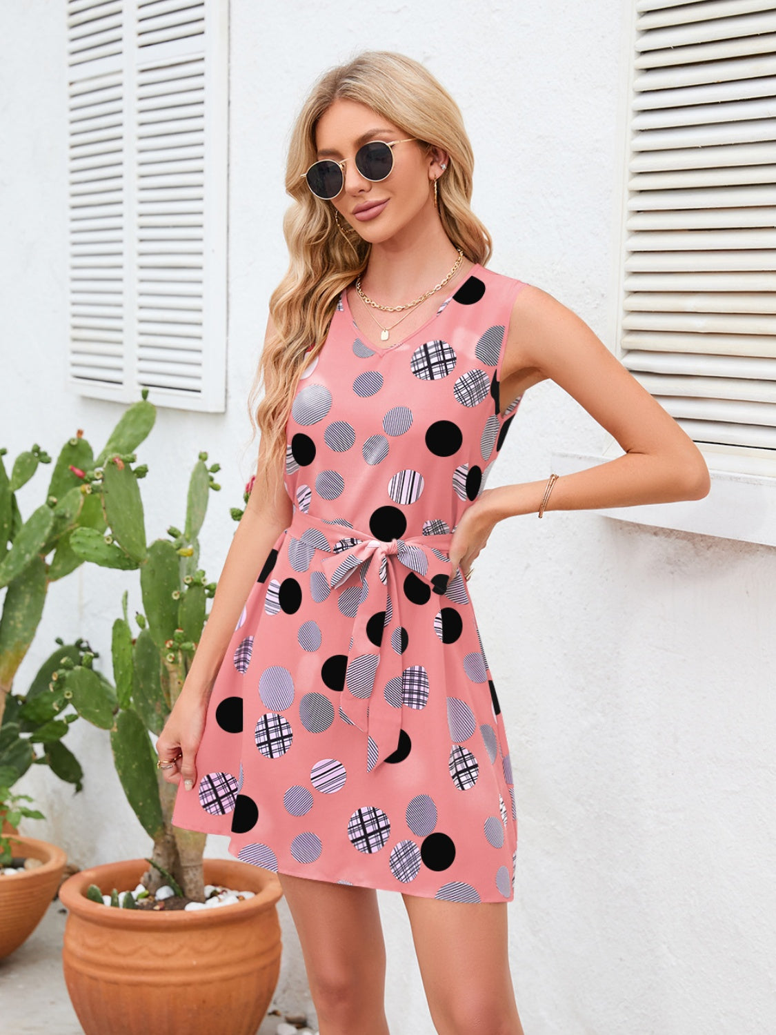 Tied Polka Dot V-Neck Dress-Angel Casuals