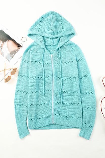 Zip-Up Raglan Sleeve Openwork Hooded Cardigan-Angel Casuals