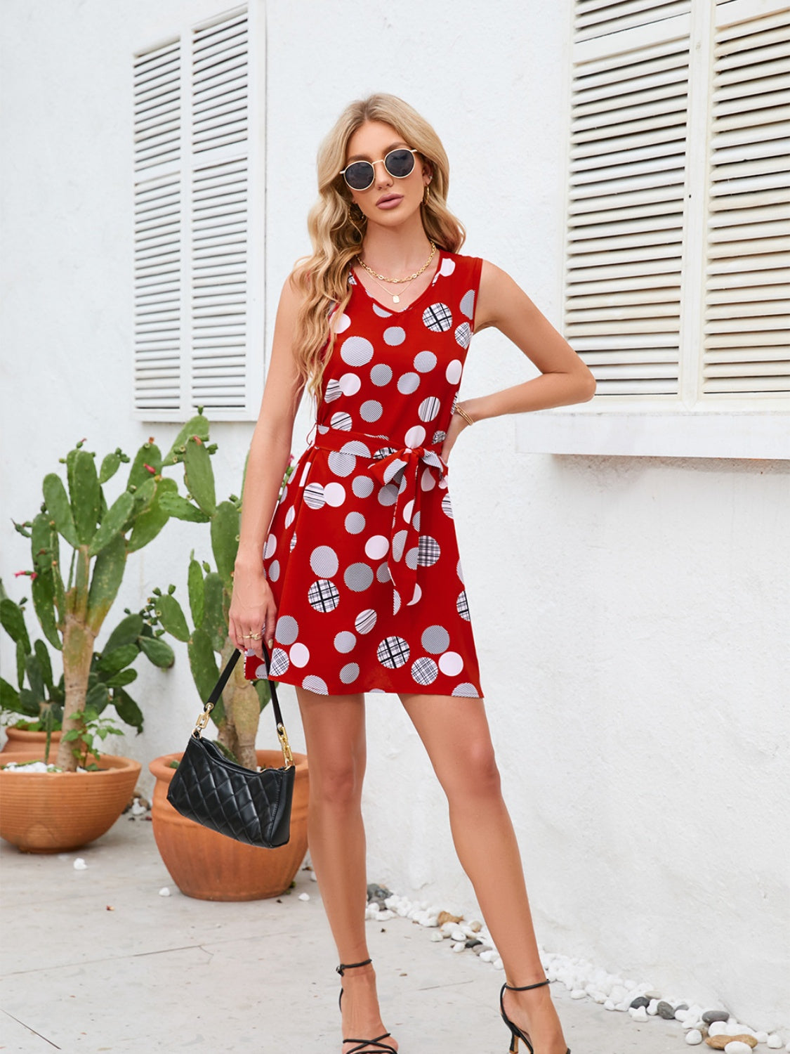 Tied Polka Dot V-Neck Dress-Angel Casuals