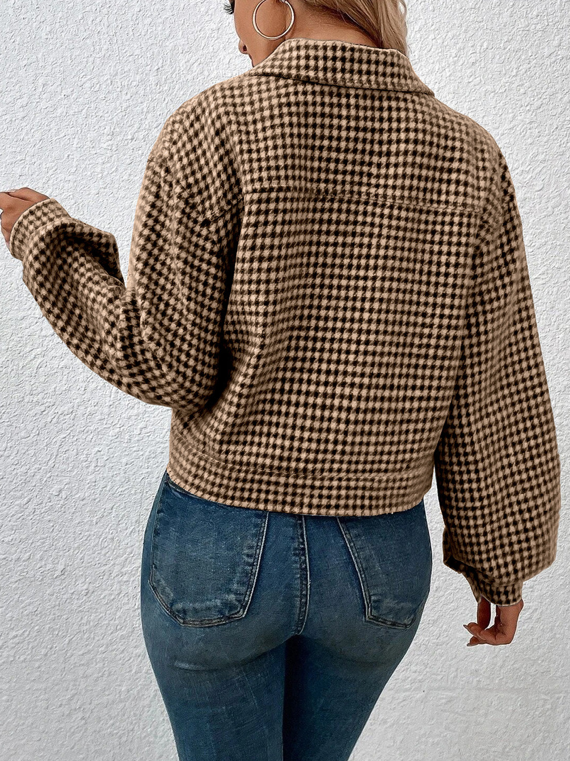 Houndstooth Collared Neck Button Up Jacket-Angel Casuals