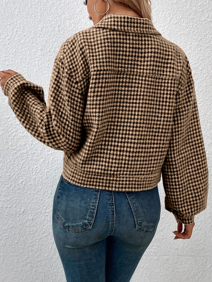 Houndstooth Collared Neck Button Up Jacket-Angel Casuals