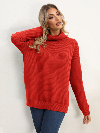 Slit Turtleneck Dropped Shoulder Sweater-Angel Casuals