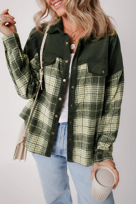 Plaid Button Up Long Sleeve Jacket-Angel Casuals