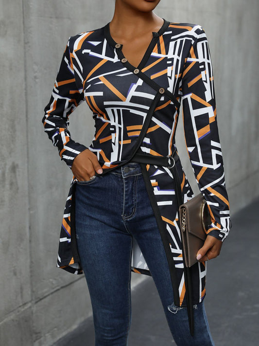 Perfee Geometric Surplice Long Sleeve T-Shirt-Angel Casuals