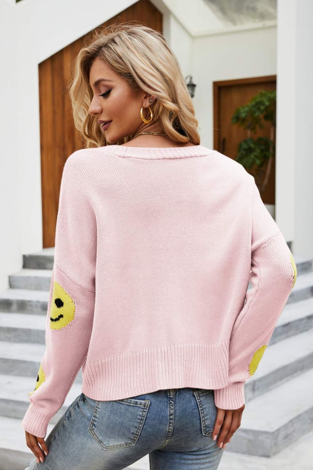 Smiley Face Ribbed Trim V-Neck Cardigan-Angel Casuals