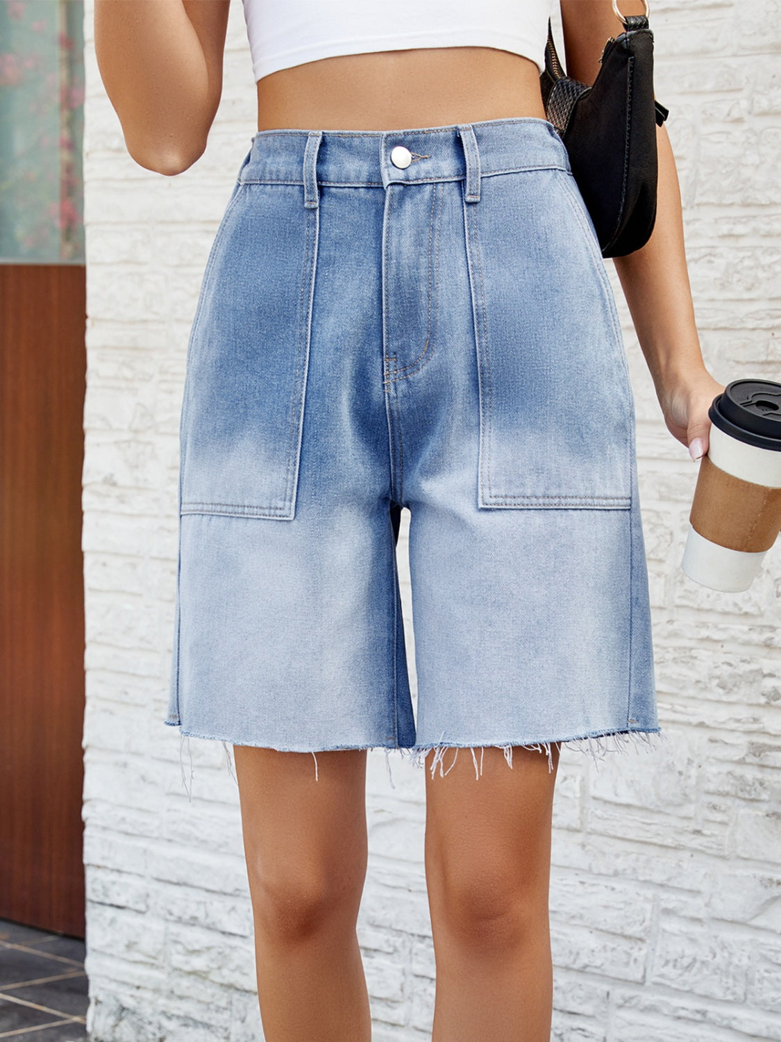 Buttoned Raw Hem Denim Shorts with Pockets-Angel Casuals