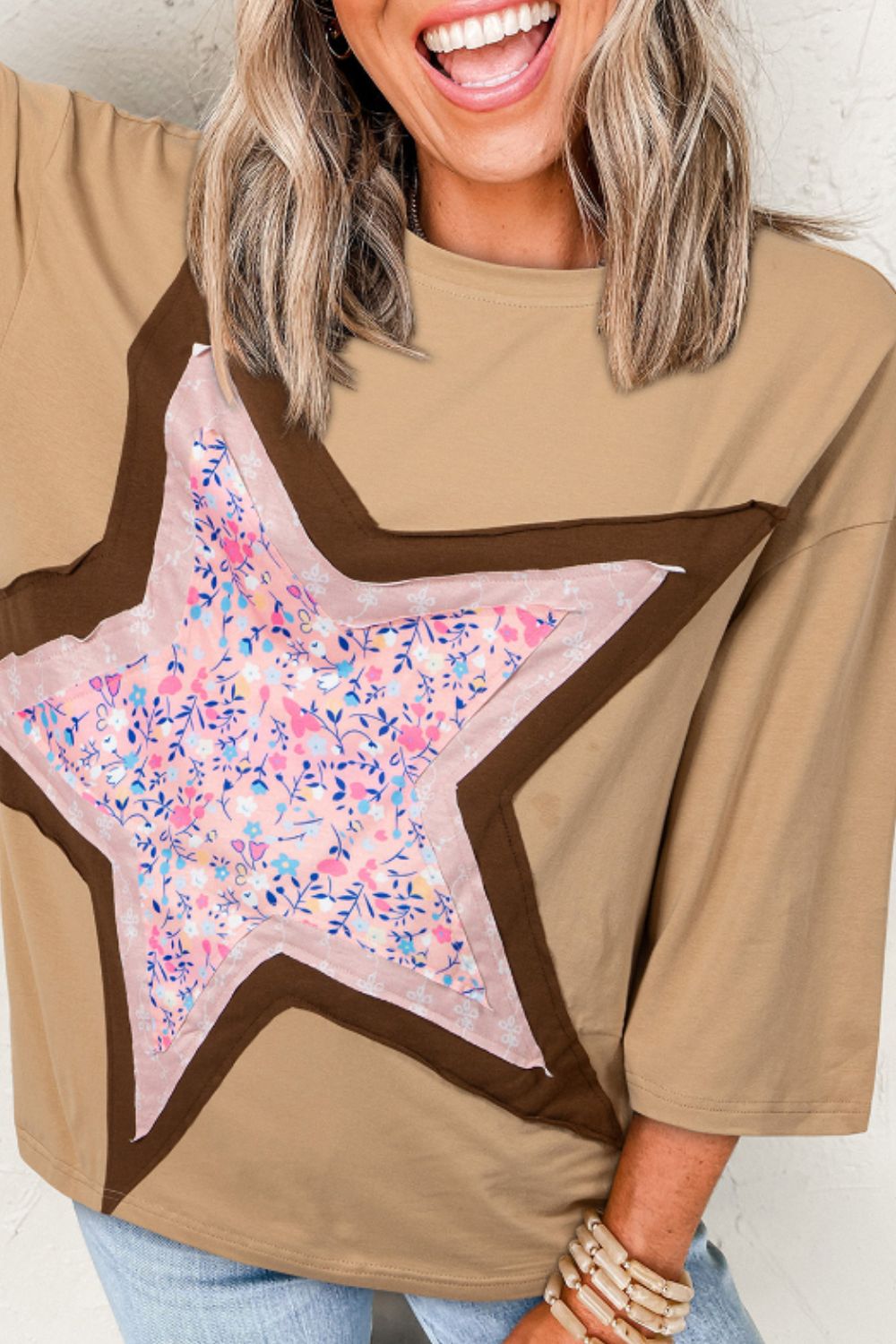 Star Applique Patch Round Neck T-Shirt-Angel Casuals