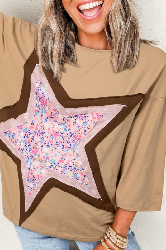 Star Applique Patch Round Neck T-Shirt-Angel Casuals