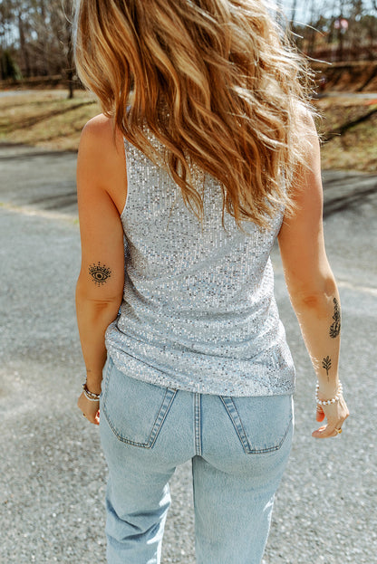 Sequin Button Front V-Neck Tank-Angel Casuals