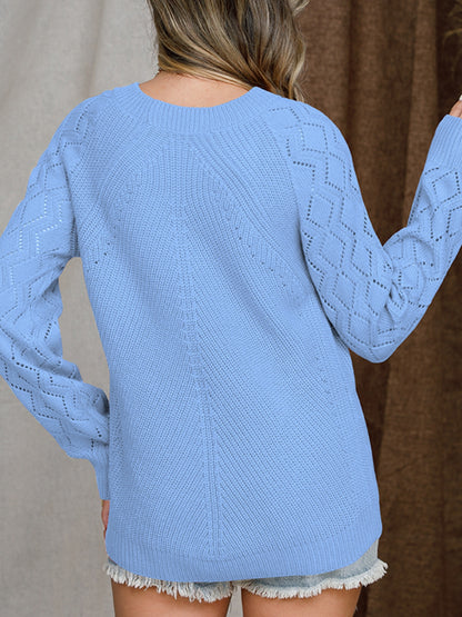 Openwork Round Neck Raglan Sleeve Sweater-Angel Casuals