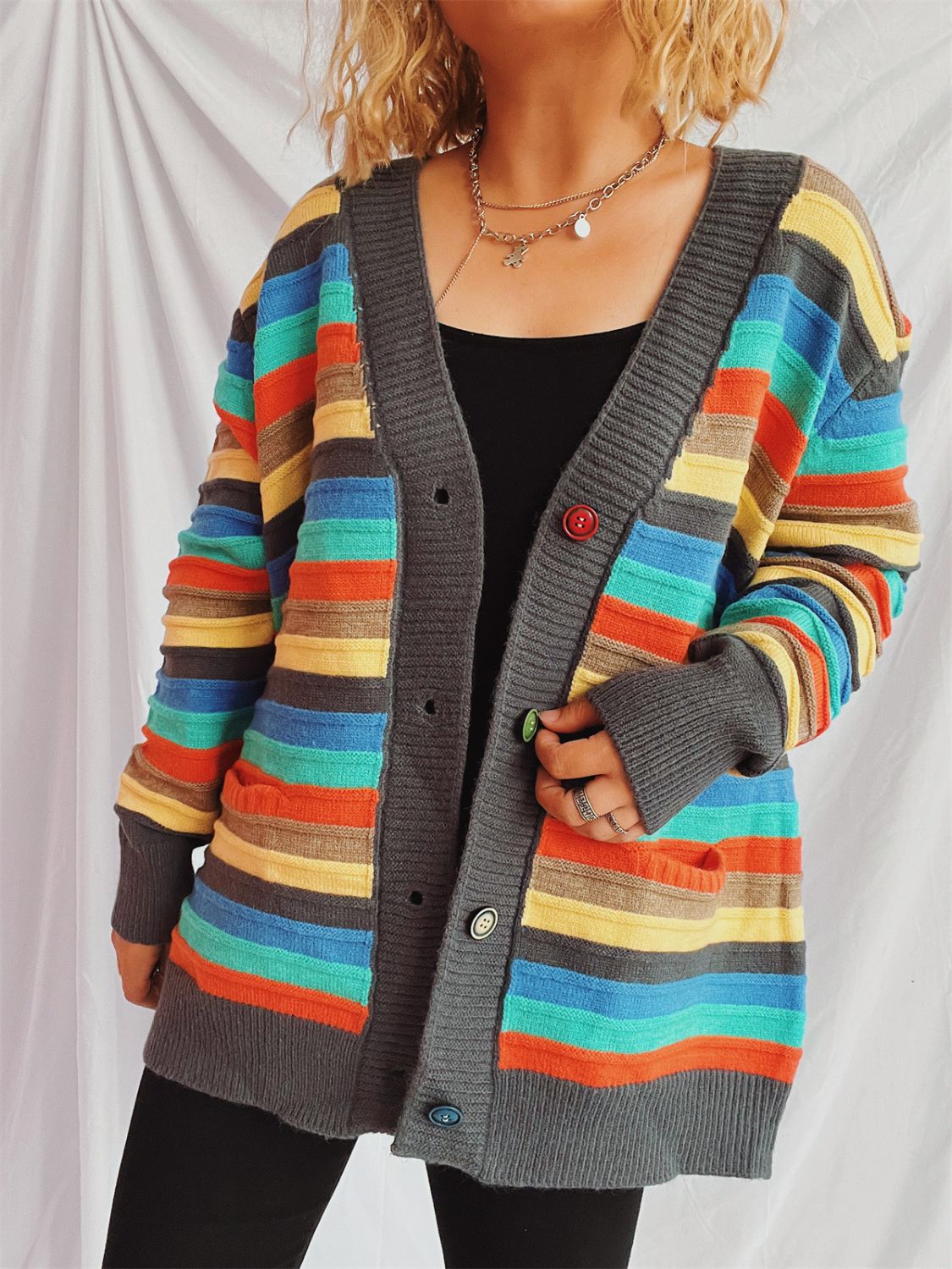 Contrast Stripes Button Up Long Sleeve Cardigan-Angel Casuals