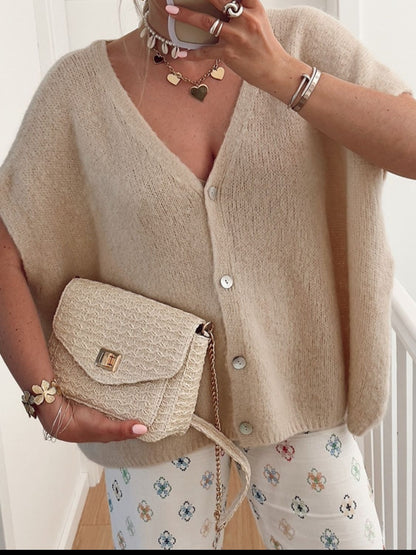 V-Neck Button Up Short Sleeve Cardigan-Angel Casuals
