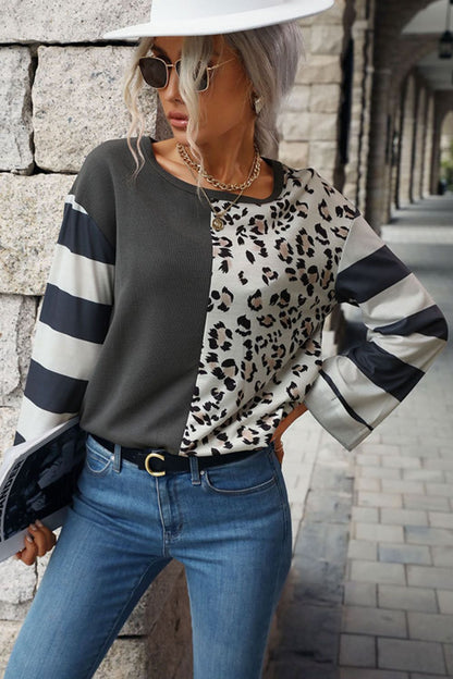 Leopard Striped Round Neck Long Sleeve Tee-Angel Casuals