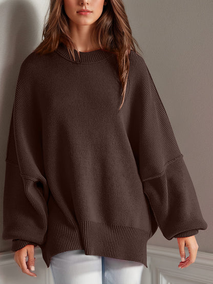 Double Take Side Slit Round Neck Long Sleeve Sweater-Angel Casuals