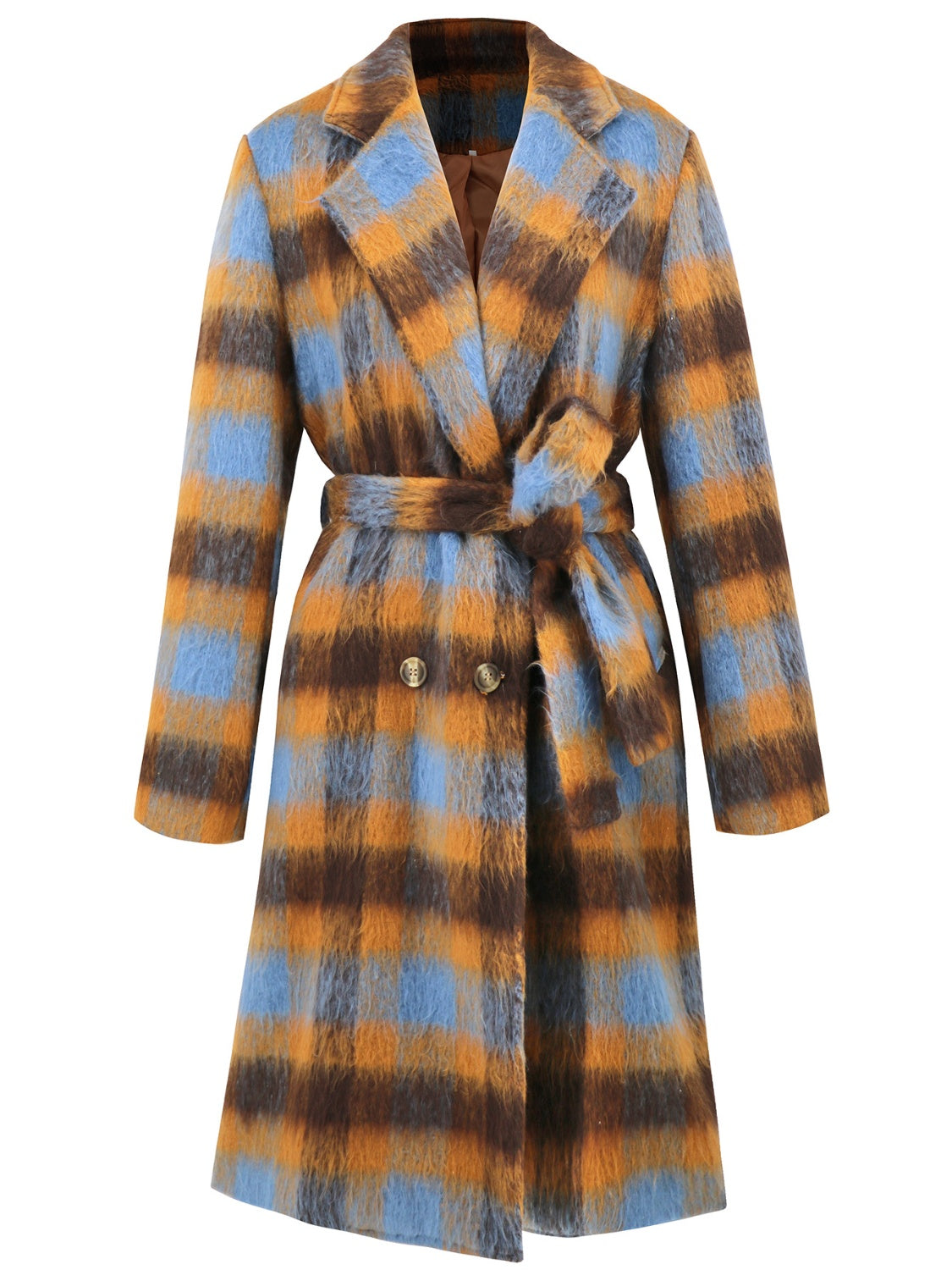 Tied Plaid Collared Neck Coat-Angel Casuals