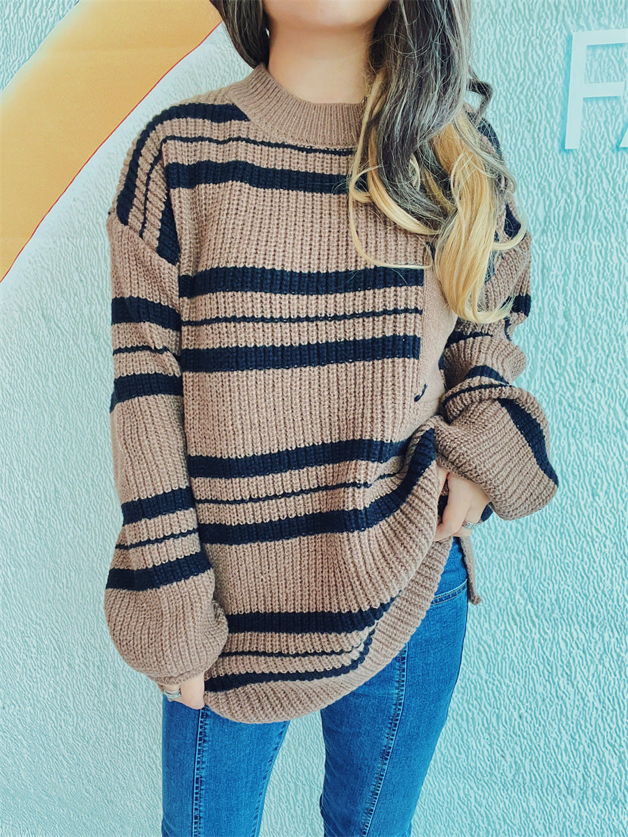 Striped Round Neck Long Sleeve Sweater-Angel Casuals